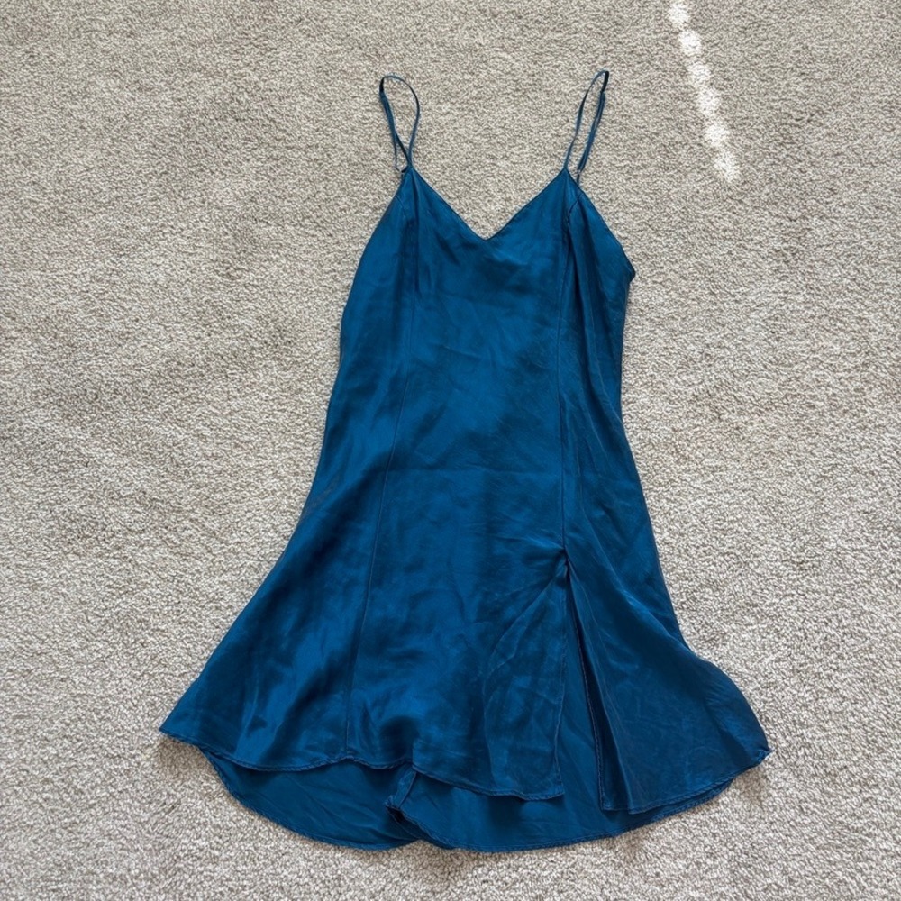 Victoria's Secret Vintage Gold Label 100% Silk Teal Blue V-Neck Slip Dress Small